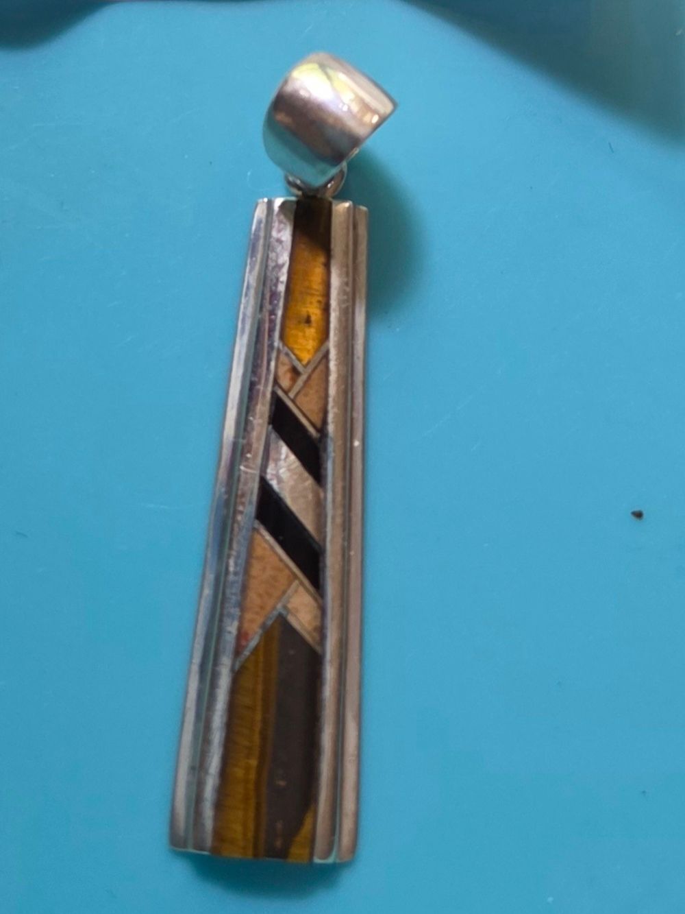 Navajo James Mason JM Sterling Silver Tiger Eye Black Inlay Pendant